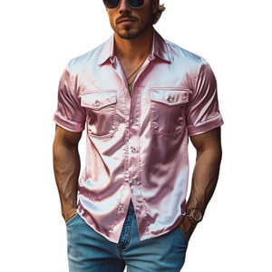 Men's Spring Fashion Casual Satin Shiny Fabric Short Sleeve Shirt