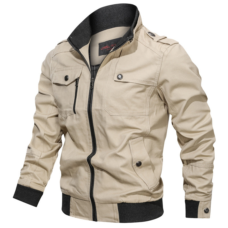 CASUAL SOLID COLOR JACKET WITH ZIPPER STAND COLLAR COTTON JACKET