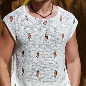 Einfarbige, zerrissene Strick-Tanktops mit Rundhalsausschnitt für Herren