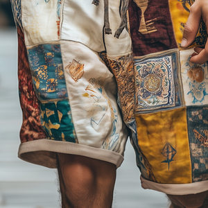 Leinenshorts mit geometrischem Retro-Print für Herren