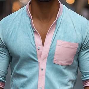 Men's Spring Fashion Casual Slim Contrast Color Stitching Stand Collar Suede Long Sleeve Shirt