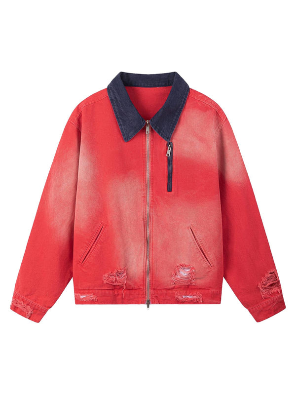 Retro Ripped Washed Contrast Color Work Jacket