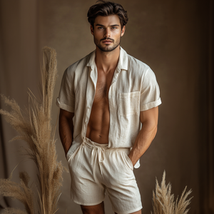 Herren Casual Leinen Revers Kurzarmhemd Lose Shorts Set