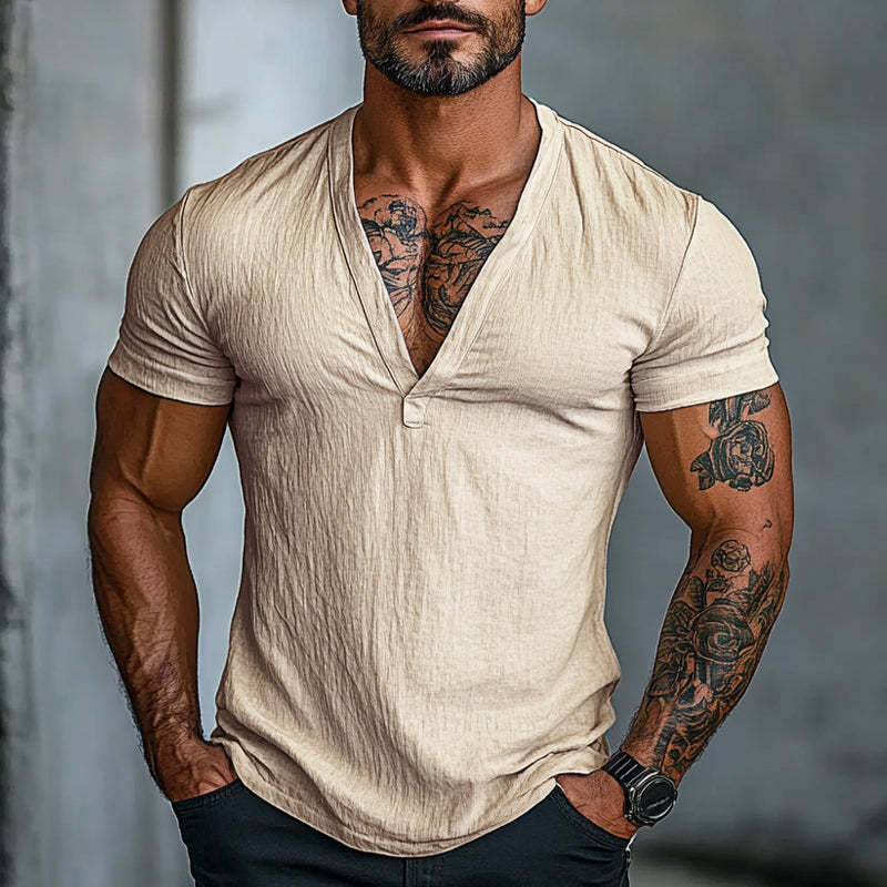 Einfarbiges Kurzarm-T-Shirt aus Baumwolle mit V-Ausschnitt für Herren