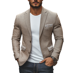 Men's Spring New Casual Lace Splicing Pocket Cotton And Linen Blazer