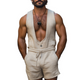 Herren Frühling und Sommer Mode Freizeit Tiefem V-Ausschnitt Baumwolle und Leinen Tank Top Shorts Jumpsuit