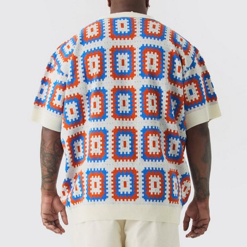 Men's Summer Fashion Casual Vacation Lapel Hollow Color Knitted Short-sleeved T-shirt