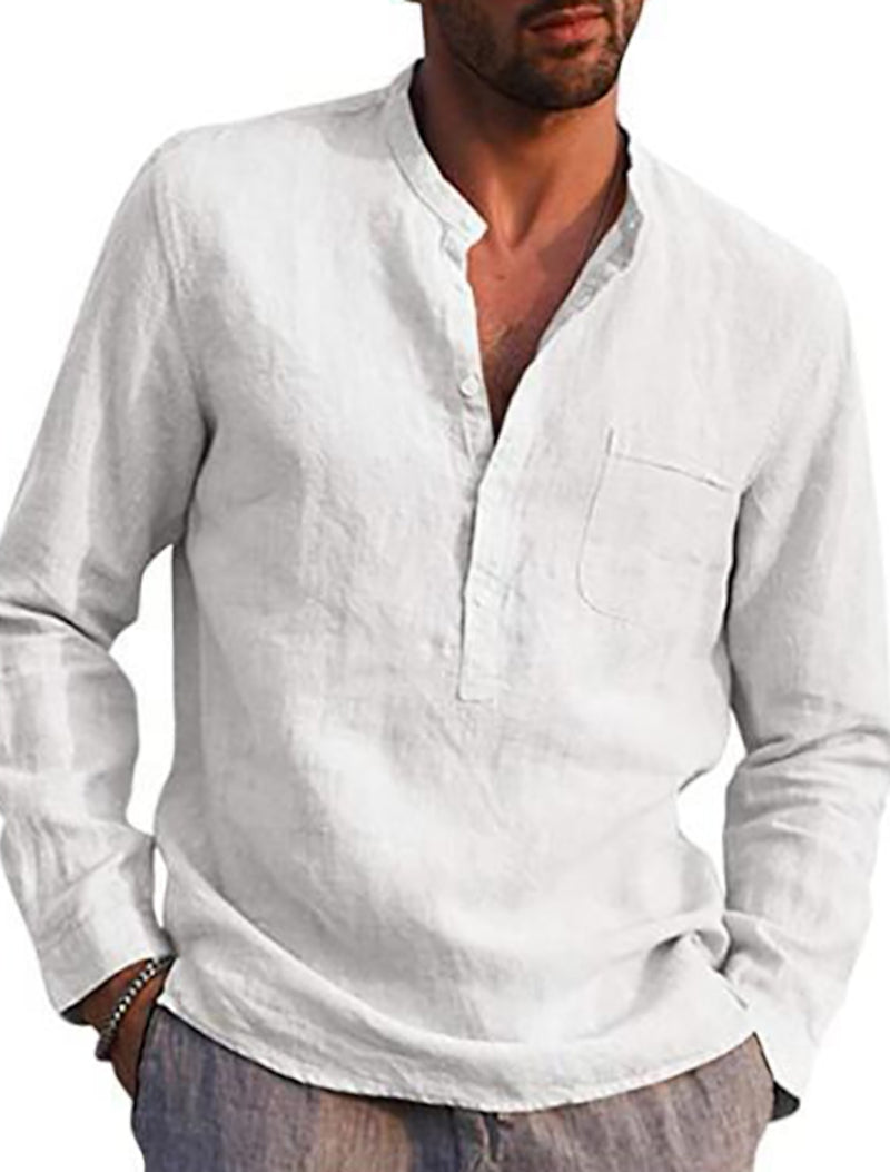 Men's Linen Solid Color V Neck Shirt