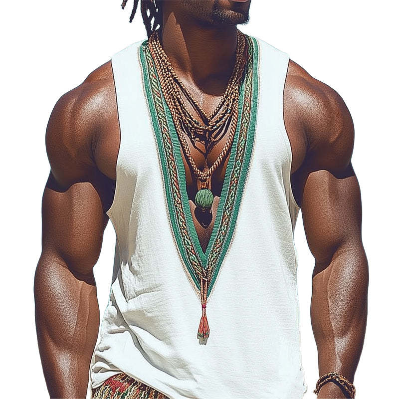 Herren Sommer Tank Top mit tiefem V-Ausschnitt, Retro-Stickerei, lässig