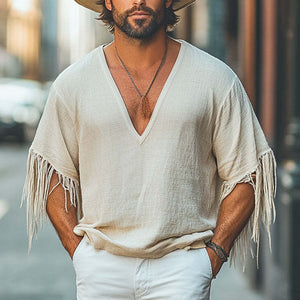 Men's Casual Loose Deep V-Neck Cotton And Linen Tassel T-Shirt