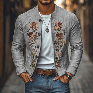 Men's Casual Linen Embroidered Stand Collar Single Breasted Slim Fit Jacket