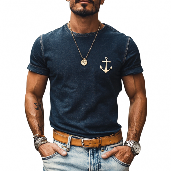 Herren-T-Shirt im Retro-Denim-Stil mit gewaschenem Anker-Print, Rundhalsausschnitt, schmale Passform, kurzärmelig