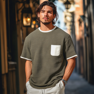 Men's Casual Round Neck Clorblock Patchwork Loose Knitted Short Sleeve Sweater T-Shirt