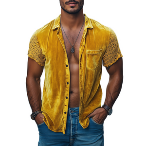 Men's Spring Fashion Personalized Lace Splicing Velvet Slim Fit Short Sleeve Shirt