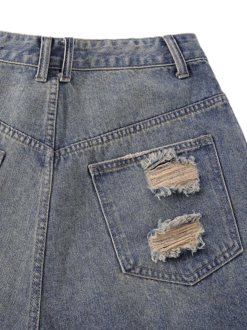 Hip-hop Ripped Washed Denim Jorts