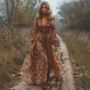 Women's Maxi Dress Retro V-neck Floral Long-sleeved Long Skirt Country Pastoral Dress