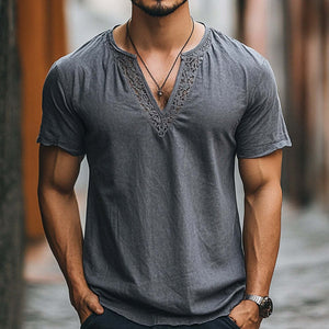 Men's Casual Lace Spliced V-Neck Short Sleeve T-Shirt