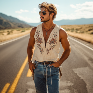 Men's American Western Cowboy Style Suede Embroidered Deep V Neck Tank Top