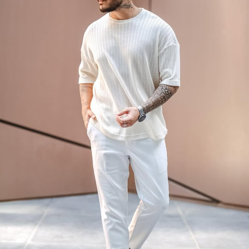Men's Solid Hollow Out Round Neck Short Sleeve T-shirt