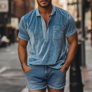 Men's Spring Fashion Deep V-Neck Sexy Lace Stitching Velvet Short-Sleeved POLO Shirt