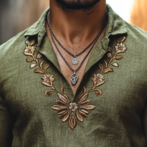 Men's Casual Linen Lapel Floral Embroidery Slim Fit Long Sleeve Shirt