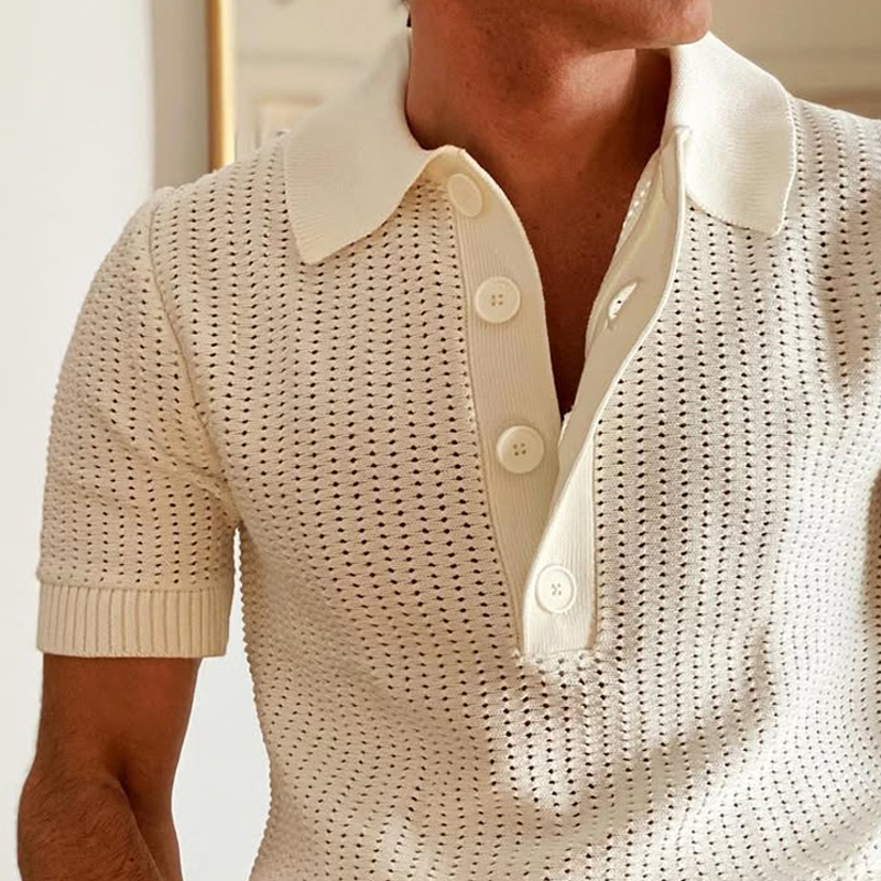 Men's Knit Hollow Lapel Lapel Short Sleeve Polo Shirt MTA0113D5Z