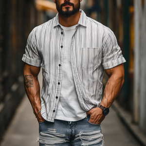 Men's Casual Cotton Linen Striped Lapel Single Breasted Loose Short Sleeve Shirt
