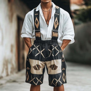 Men's Retro Geometric Print Linen Overalls
