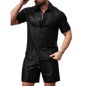 Men's Textured Leather Short-sleeved Shorts Two-piece Set