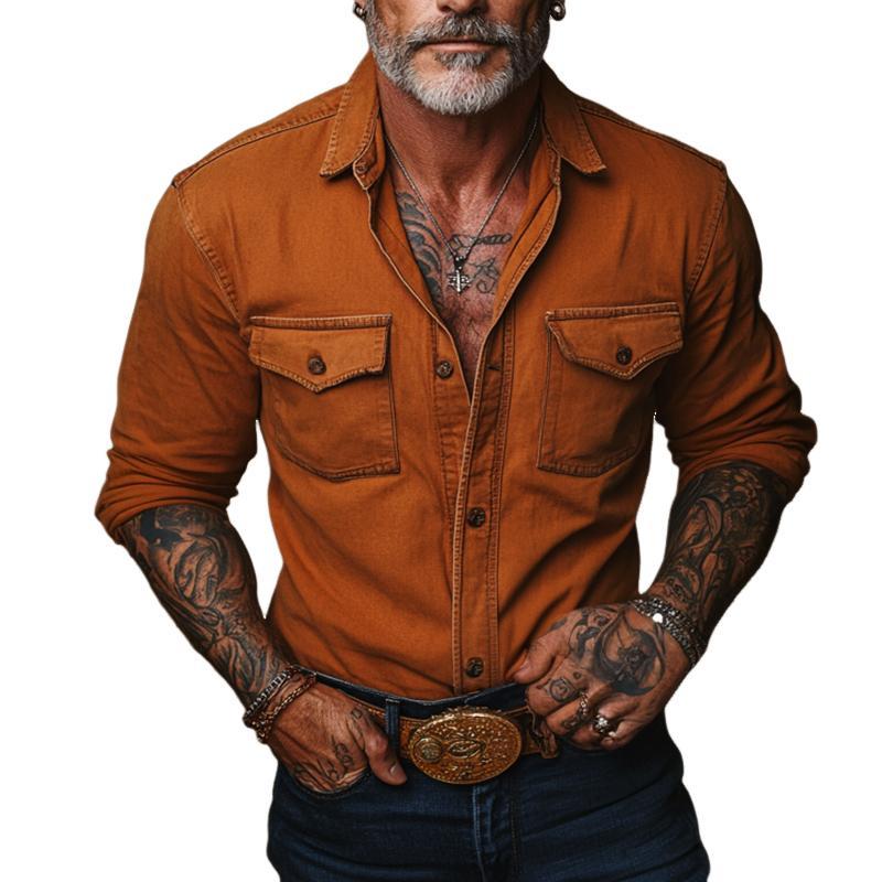Herren Retro Casual Solid Pocket Langarmhemd