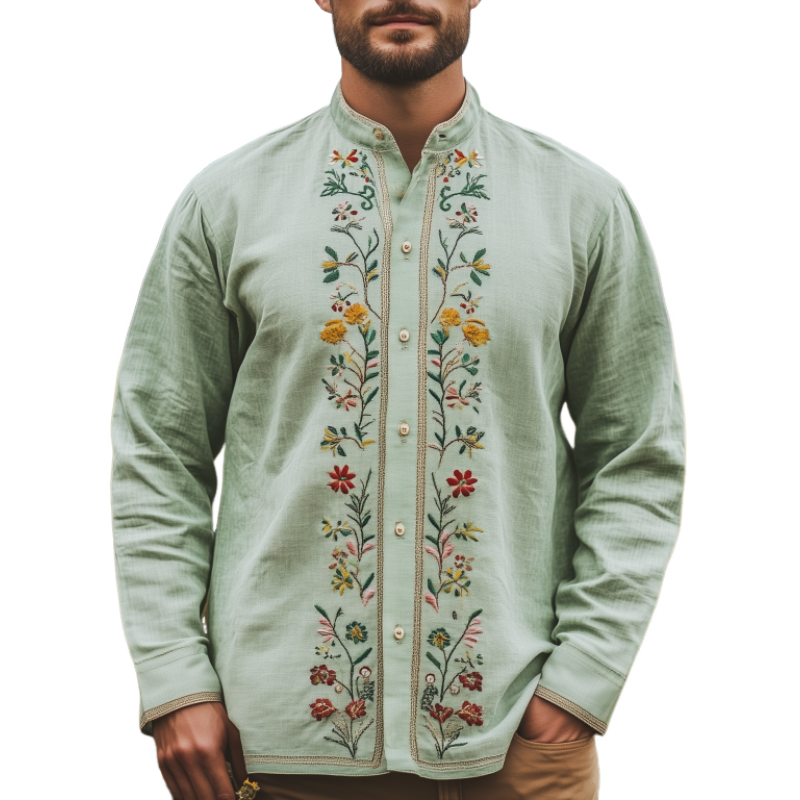 Herren Frühling und Sommer Mode Retro Casual Stehkragen Besticktes Langarmhemd