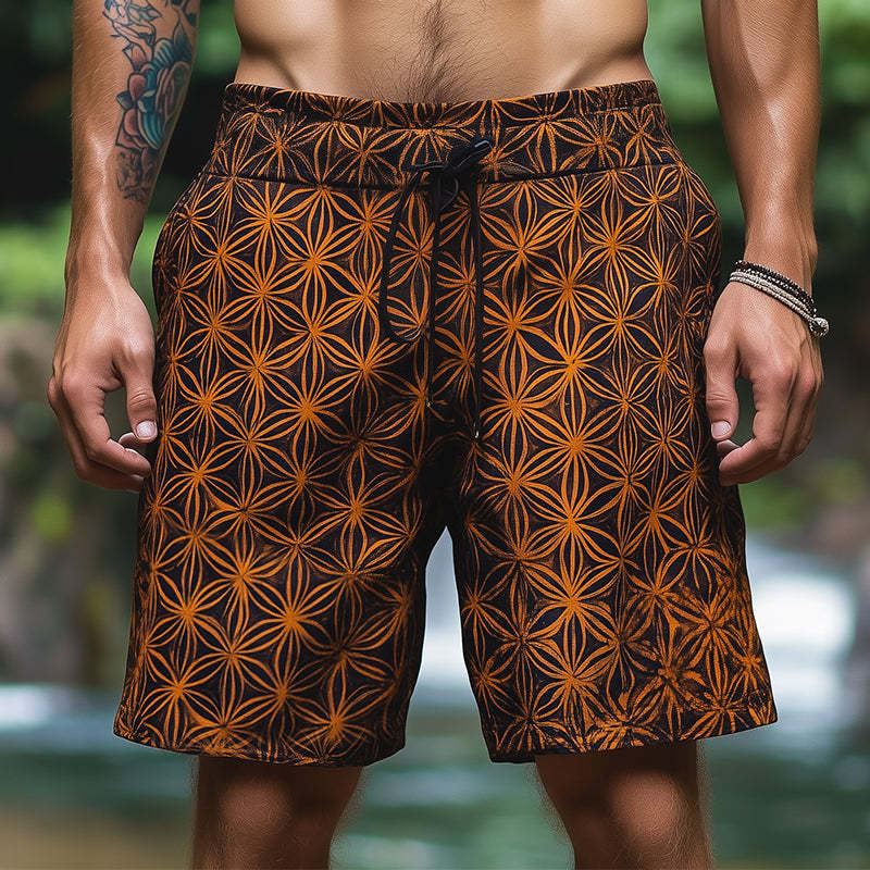 Men's Vintage Casual Flower Of Life Print Drawstring Shorts