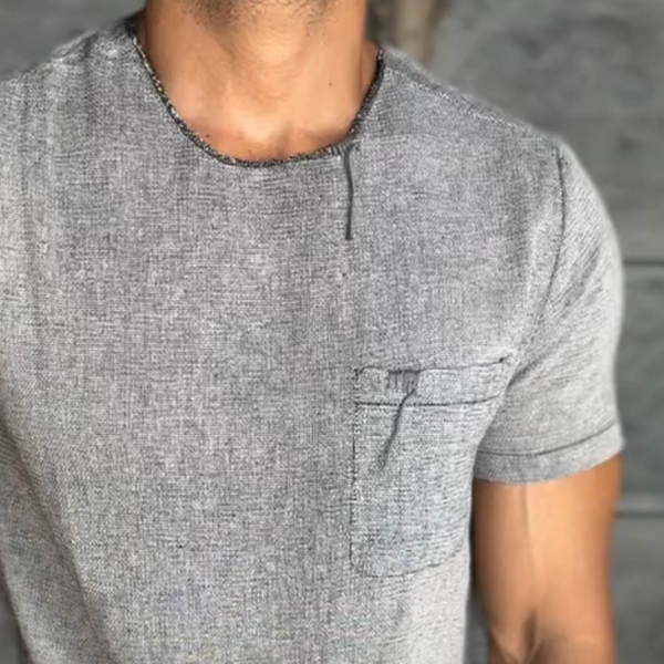 Men's Retro Casual Linen Pocket Round Neck Short Sleeve T-Shirt