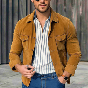 Herren Frühling und Herbst Basic Khaki Wildlederhemd