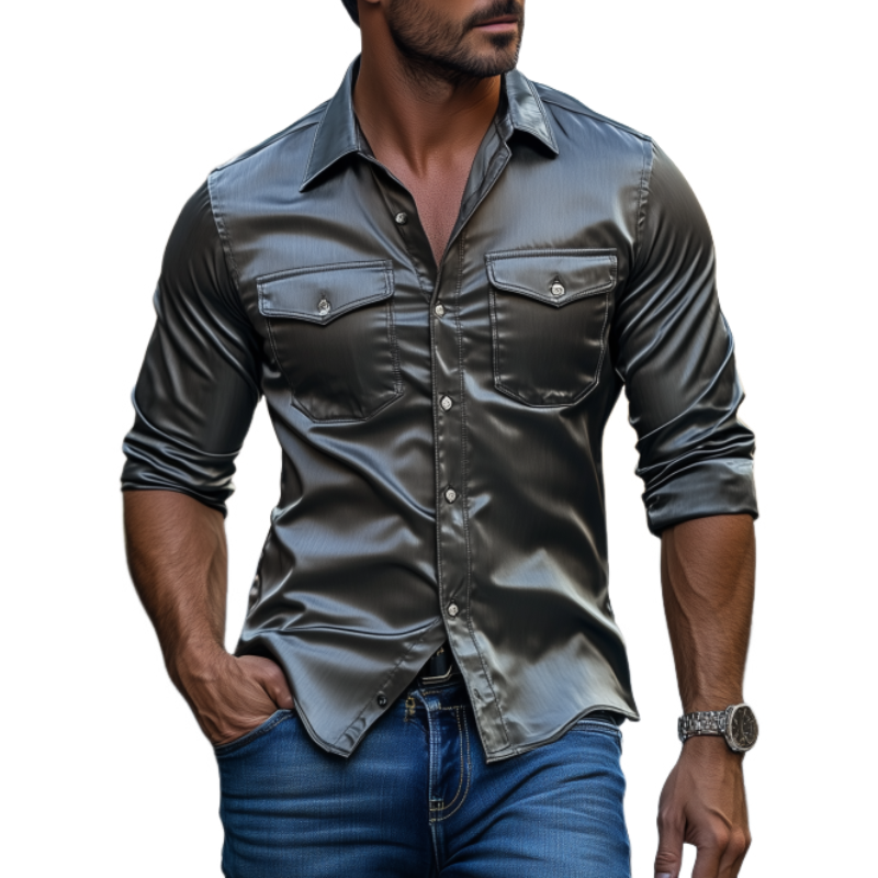 Herren-Langarmhemd im Retro-Stil, lässig, aus glänzendem Satinstoff