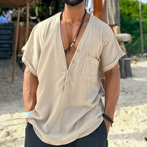 Men's Spring Fashion Casual Loose Deep V Neck Linen Short Sleeve Shirt