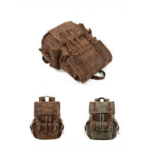 Men's Vintage Beeswax Canvas Outdoor Leather Multi-Pocket Backpack