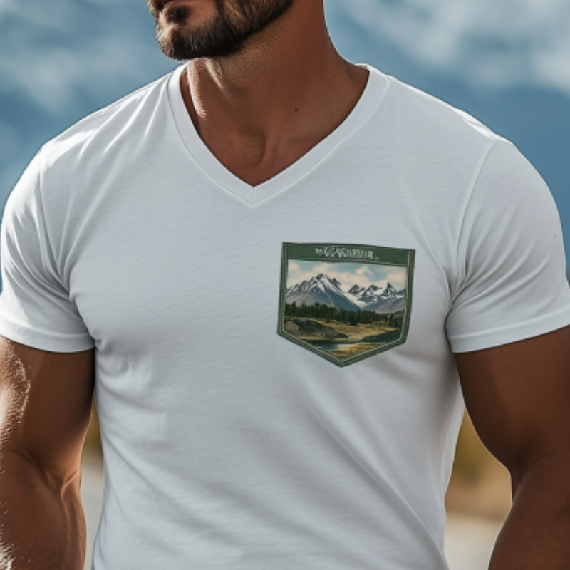 Lässiges Herren-T-Shirt aus Baumwolle mit V-Ausschnitt und Tasche der Yellowstone-Serie, kurzärmelig