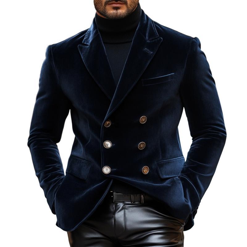 Eleganter Vintage-Blazer aus Samt mit steigendem Revers für Herren, zweireihig, schmale Passform