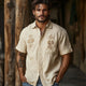 Men's Casual Khaki Tencel Vintage Embroidered Short-sleeved Shirt