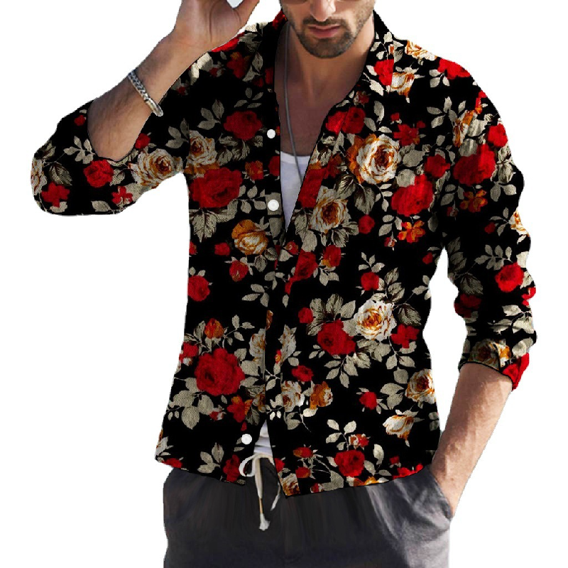 Herren-Langarmhemd mit Vintage-Blumendruck und Revers