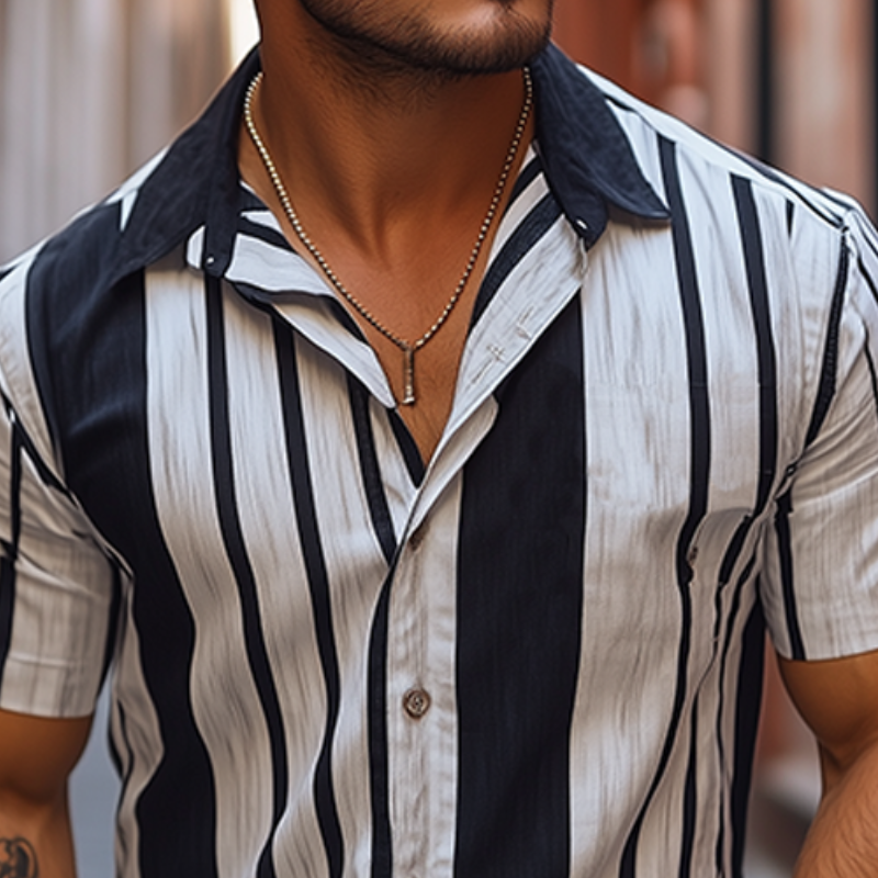 Herren Retro Casual Vertikalstreifen bedrucktes Chiffon-Kurzarmhemd