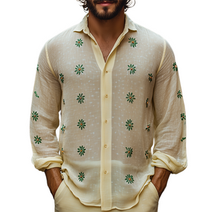 Men's Spring Fashion Silk Cotton Embroidered Long Sleeve Shirt