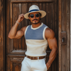 Men's Casual Round Neck Navy Striped Slim Fit Knitted Tank Top