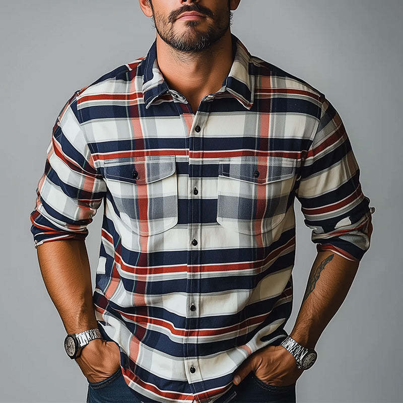 Men's Early Spring Fashion Retro Plaid Print Long Sleeve Shirt