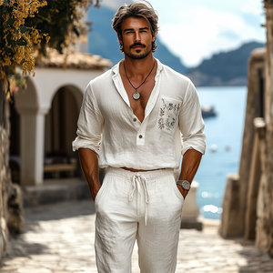 Lässiges Langarmhemd aus Baumwolle und Leinen mit tiefem V-Ausschnitt und Stickerei für Herren im Frühling und Sommer