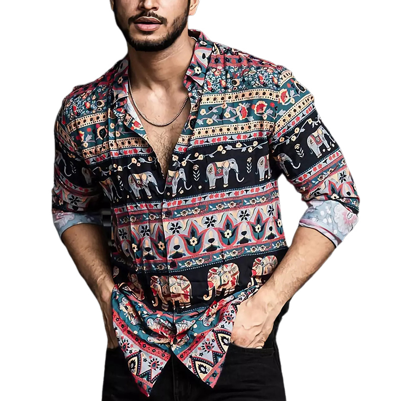 Lässiges Langarmhemd mit Retro-Farbblock-Print für Herren