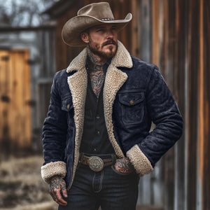 Warme Vintage-Jacke aus Wildleder mit Lammwollfutter für Herren