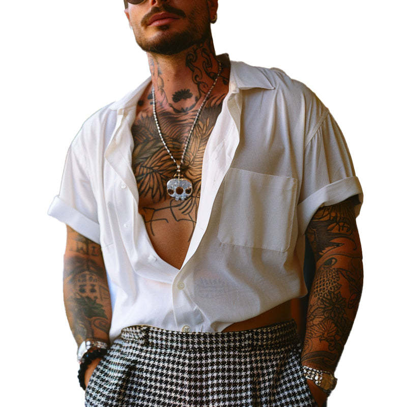 Men's Solid Cotton Lapel Short-sleeved Shirt