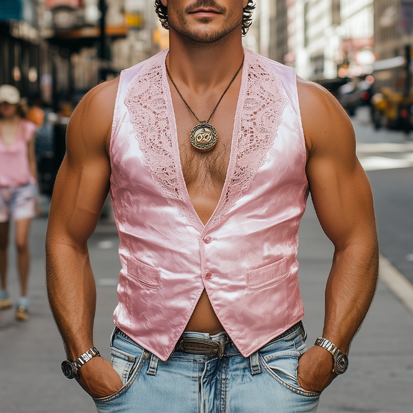Men's Spring Fashion Retro Lace Splicing Jacquard Satin Slim Vest